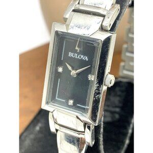 Bulova Womens Watch 96P209 Silver Tone Black Mother of Pearl Dial Diamond USED